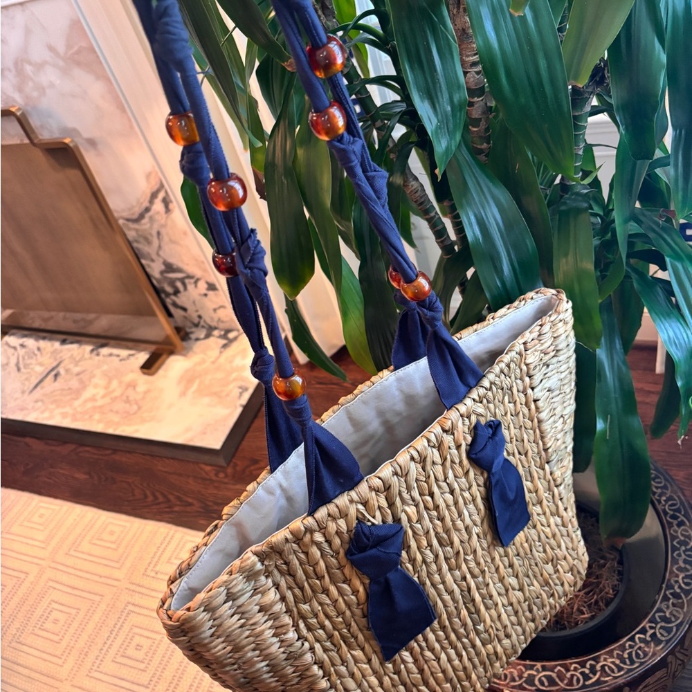 Pamela Munson Straw Tote with Navy Accents and beaded strap beach bag